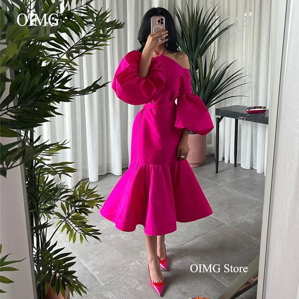 Купи OIMG Hot Pink Satin Mermaid Prom Dresses Halter Puff Sleeves Knee Length Arabic Women Evening Party Gowns Cocktail Dress за 4,510 рублей в магазине AliExpress