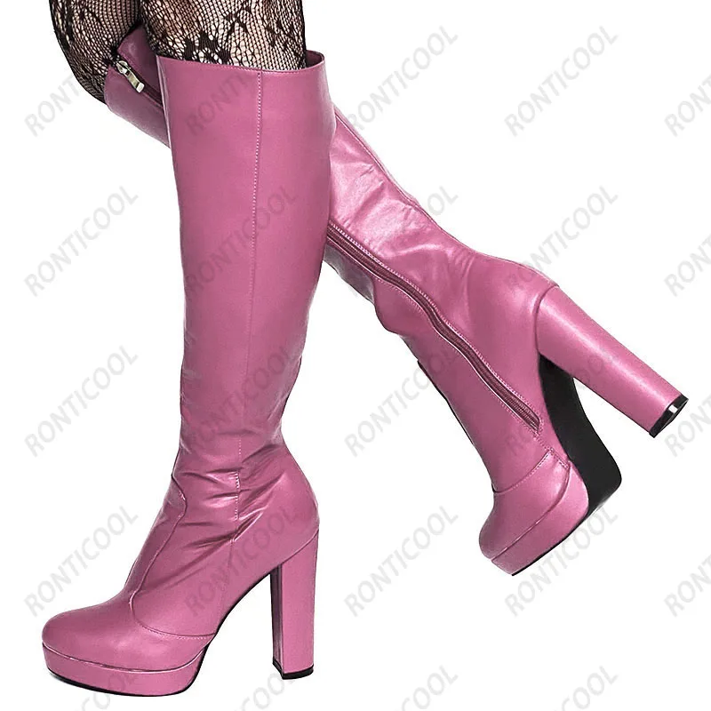 Фото Rontic Handwork Женские зимние сапоги до колена на платформе с полной боковой молнией на массивном каблуке с круглым носком Красивые синие розовые туфли Размер США 5-20 №3