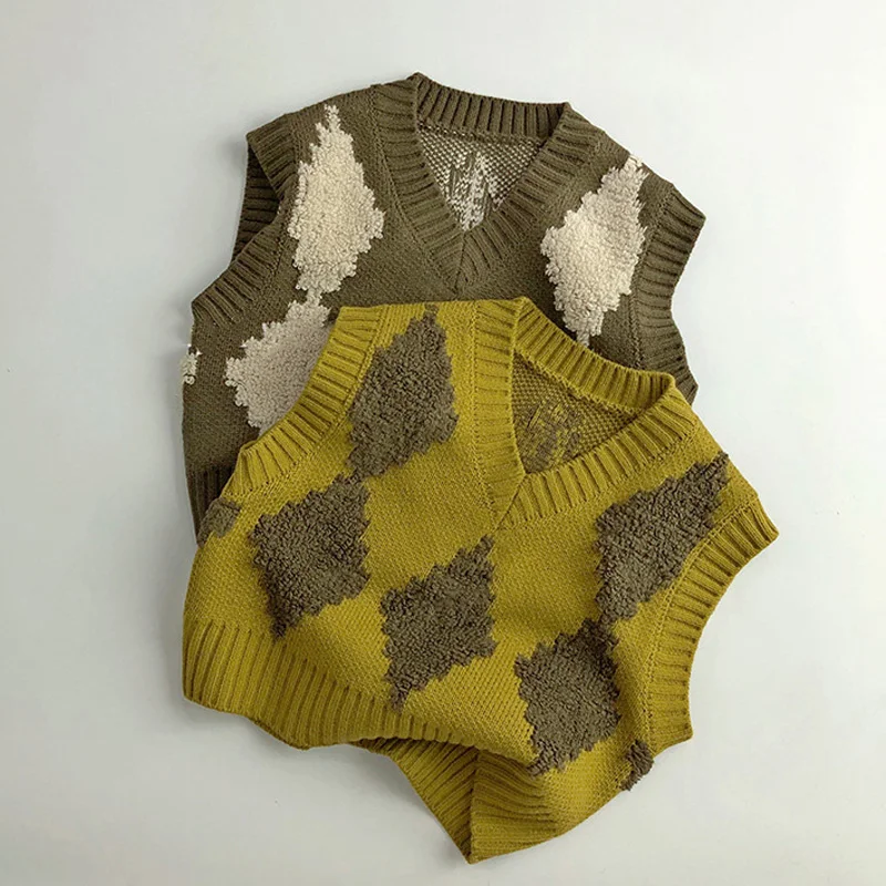 

New Retro Kids Vest Autumn Knitwear for Boys Clothes V-neck Sleeveless Sweater Children Pullover Korean Girls Costume