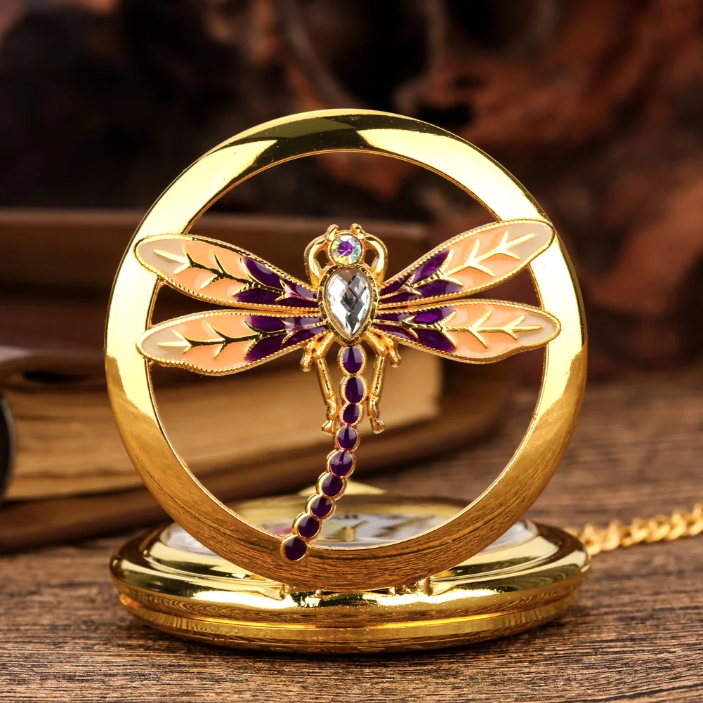 

Golden Openwork Dragonfly Cover Pocket Watch Quartz Necklace Pocket Watches Roman Numeral Clock Colorful Dial Thin Chain Pendant