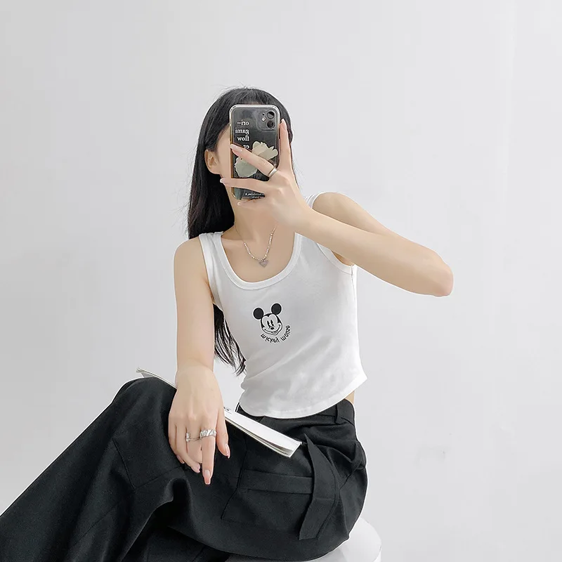 Майка женская летняя облегающая без рукавов с принтом Микки