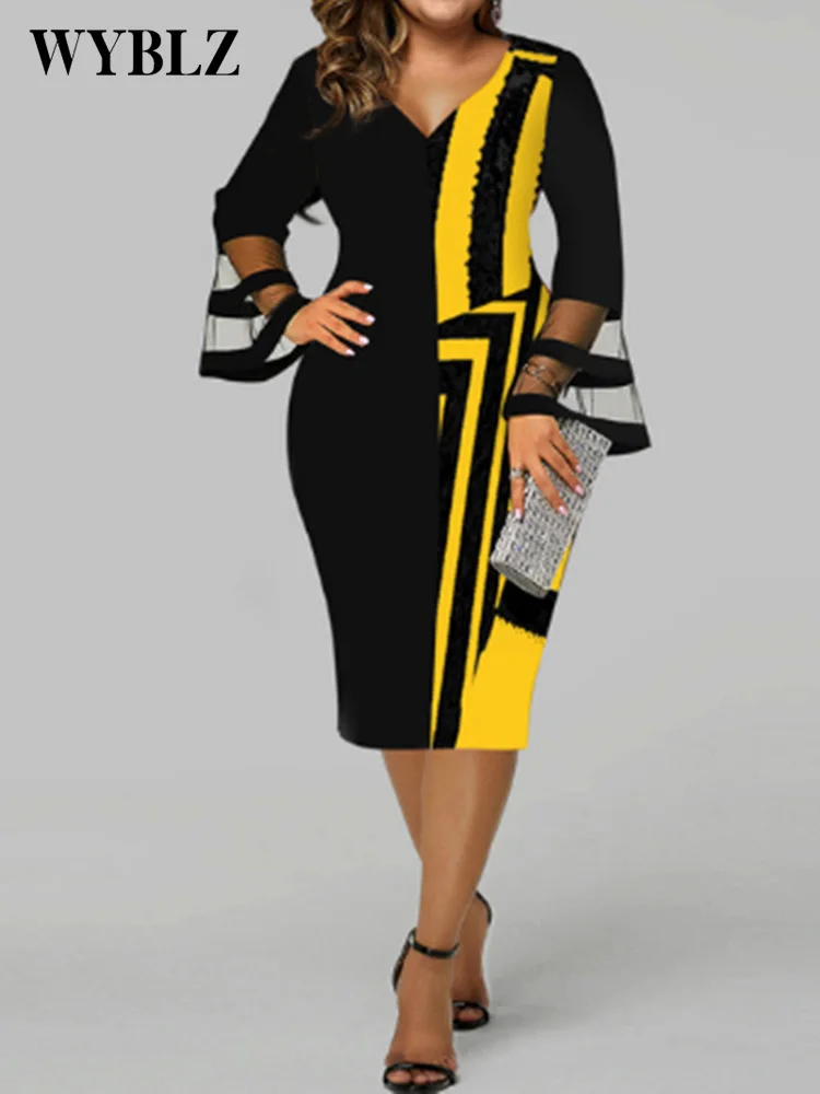 WYBLZ Plus Size Dresses for Women 4xl 5xl Digital Printing Screen Splicing Large Women's Bag Hip Dress Elegant Midi Party Dress