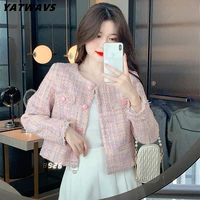 yatwavs designer fashion tweed jacket coat for women new french vintage o neck pink weave single breasted short outerwear