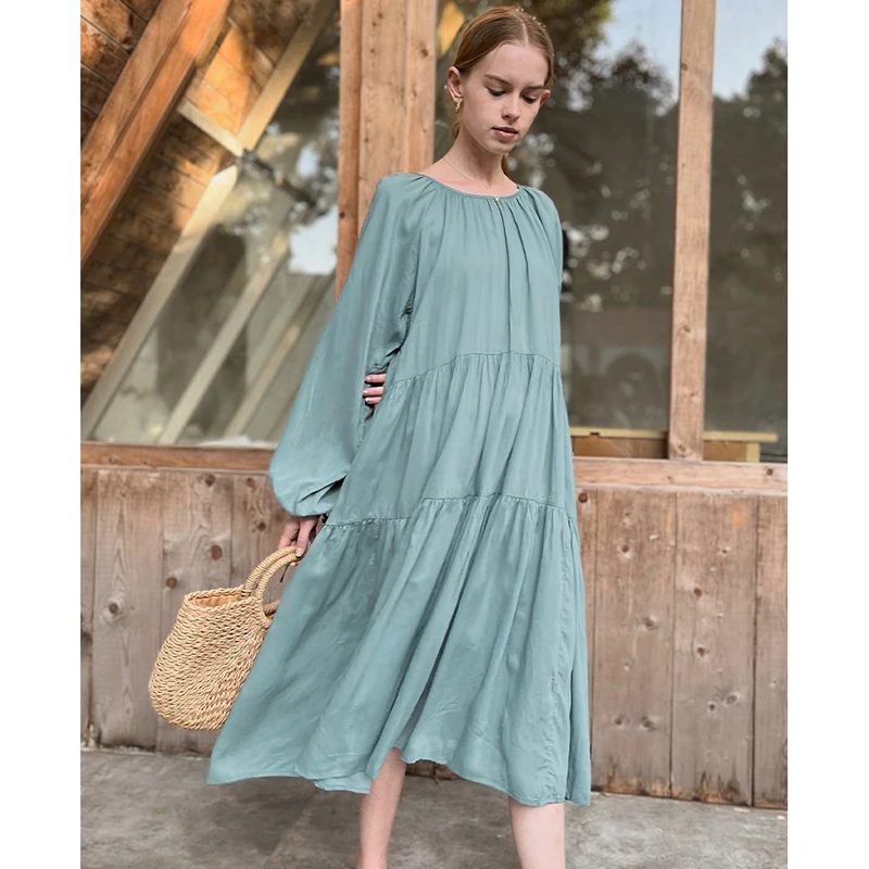 

100% женское платье Tencel, повседневные свободные элегантные платья с длинным рукавом фонариком и оборками для женщин, 2022 халат макси