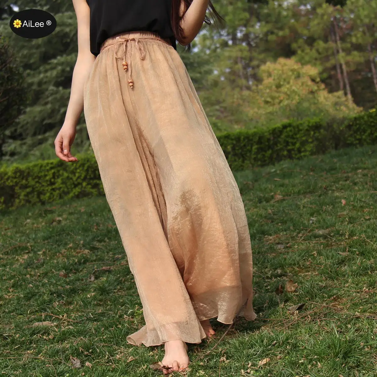 

Bohemia Long Skirt Women Elastic High Waist Bling Chiffon Loose Skirt Casual Pleated 2-layer Skirt Faldas Saias Streetwear Beach