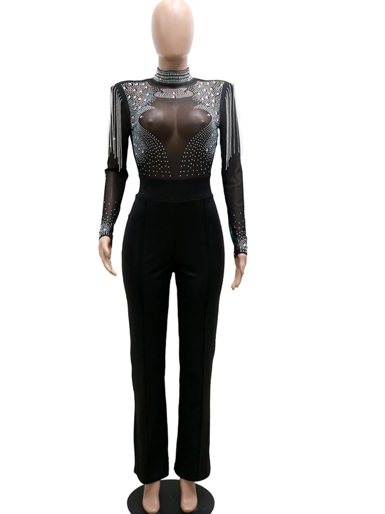 Элегантные черные комбинезоны Beyprern с украшением широкие брюки шикарные женские