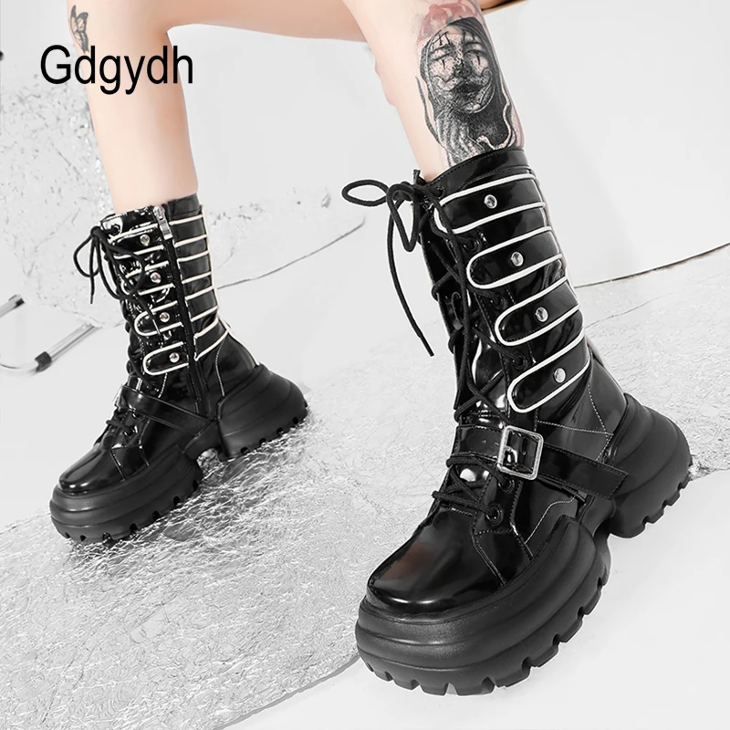 

Gdgydh Buckle Strap Goth Platform Boots Women Street Cool Chunky Heels Wide Calf Halloween Cosplay Shoes Lace Up Motorcycle