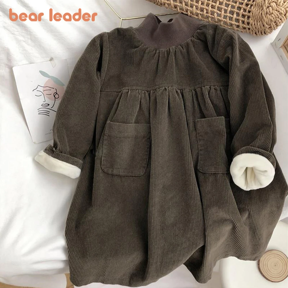 

Bear Leader Girls Clothes Autumn Sweet Girls Dress Solid Color Round Collar Thick Dress Long Sleeve Pocket Fashion Girls Dress