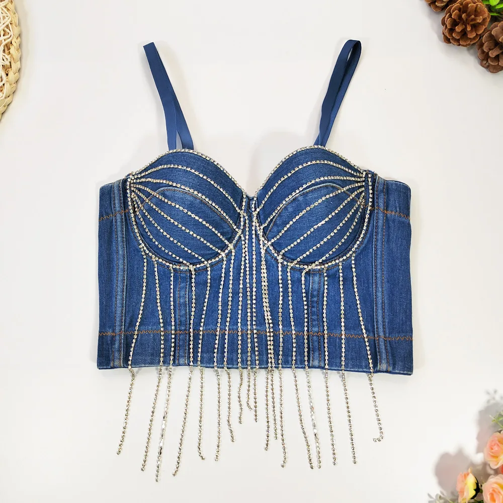 

Denim Blue Cool Bra Camisole Designer Crystal Chest Cup-Style Fashion Party Club Corset Breast Shaper Top High Quality In Stock