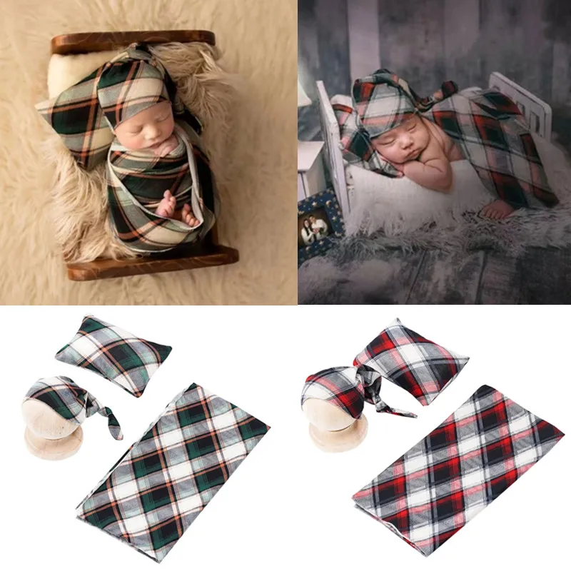 Реквизит для фотосъемки новорожденных одеяло для детской студийной фотосъемки клетчатая пеленка + шапка + подушка набор для мальчиков и девочек аксессуары для фотосъемки