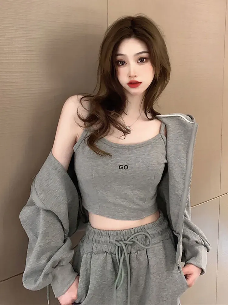 

Женский спортивный костюм с капюшоном, серый повседневный спортивный костюм с принтом букв, толстовка с капюшоном и штаны на молнии с карма...