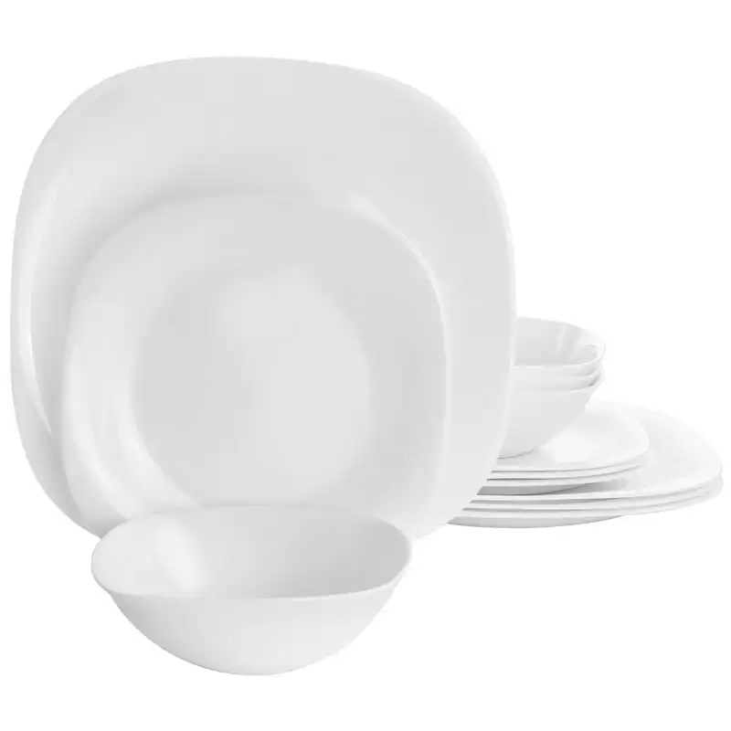 Plazza 12 Piece Tempered Opal Glass Dinnerware Set in White Kitchen Accessories Set Tableware Set Service