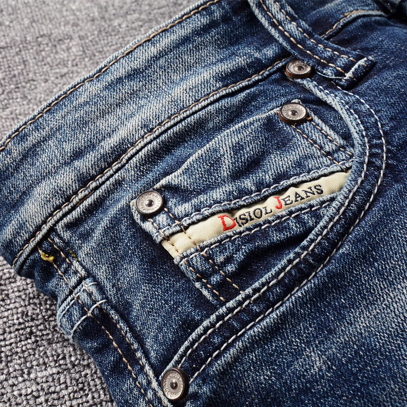 Fashion Designer Men Jeans Retro Dark Blue Elastic Slim Ripped Jeans Men Casual Trousers Embroidery Vintage Denim Pants Hombre
