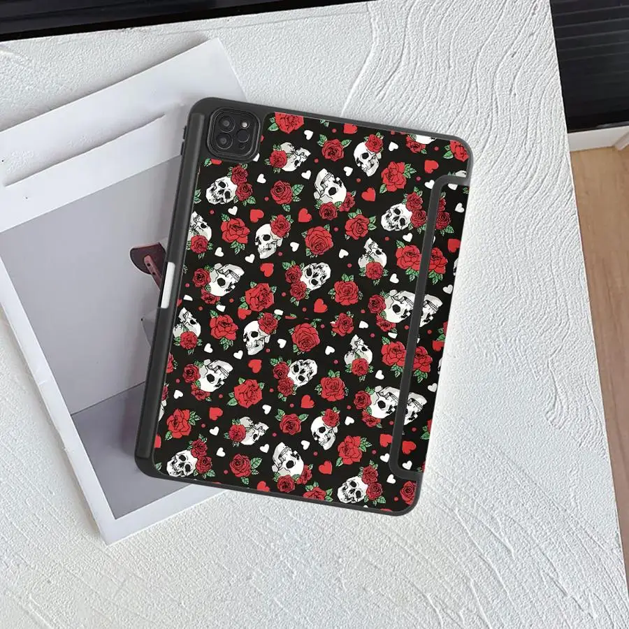 Фото Чехол для планшета iPad Pro 11-го, 10-го, 9-го, 8-го, 7-го поколений, 12.9 дюймов Pro 2025, Air 4, 5, M3, M2, M4, 11 дюймов, Mini 6, 7, с держателем, дизайн «Череп и роза» №5