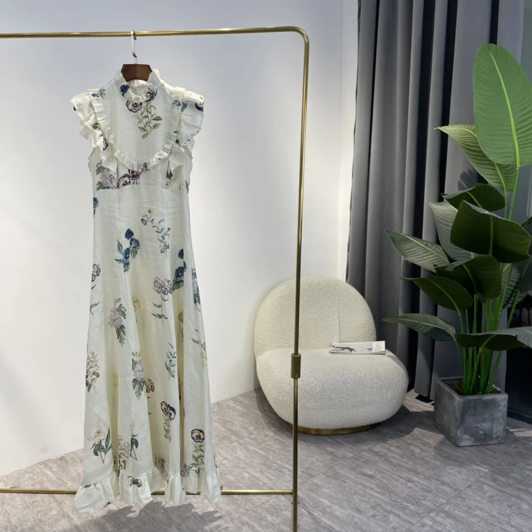 

2022 White Mid-calf Ladies Dresses New Summer Young Style Linen Ruffle Neck Flying Sleeveless Purple Yellow Floral Printing