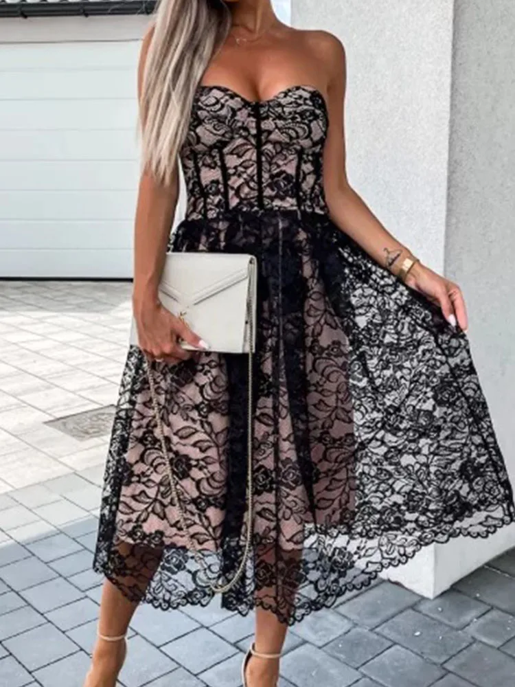 

Elegant Floral Embroidery Lace Solid Long Dress Women Sexy Off Shoulder Strapless Waist Party Dress Fashion Backless Zip Dresses
