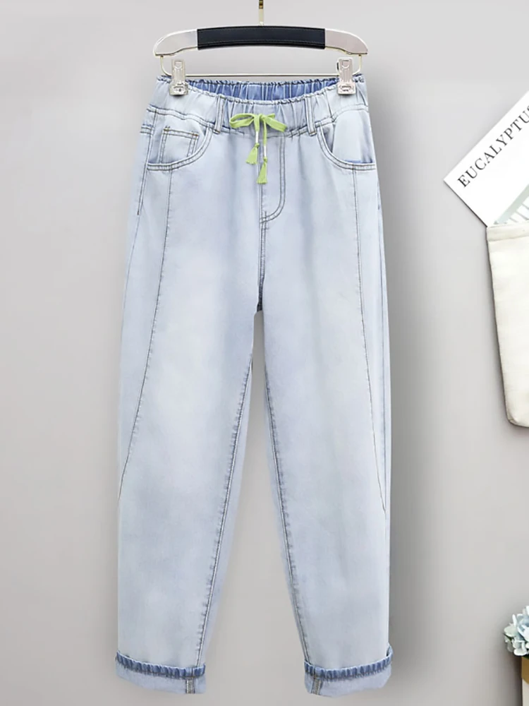 

Джинсы Женские однотонные до щиколотки, модные брюки из денима, Мешковатые Свободные повседневные с эластичным поясом на завязках, лето