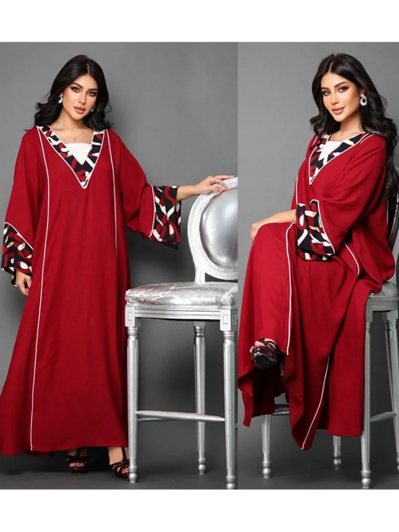 Abayas Muslim Long Dress Women V Neck Full Sleeve Islami Robe Autumn New Solid Patchwork Loose Casual Muslim Maxi Dress Vestidos