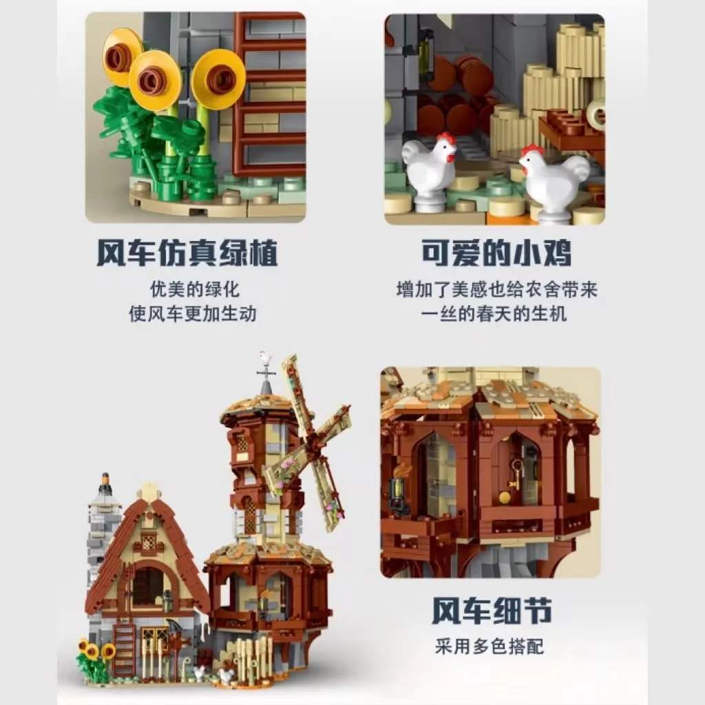 Средневековая серия ветряная мельница городской рынок сарай водяная модель