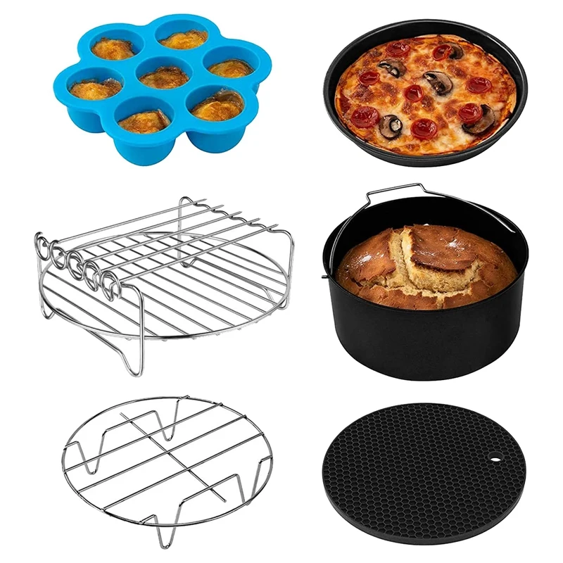 

6Pcs Multi-Layer Dehydrator Rack With 4 Barbecue Sticks Air Fryer Accessories 8 Inch Cake Pan Kit