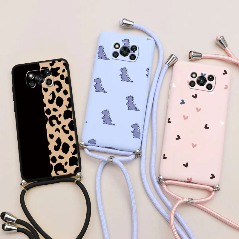 

For Xiaomi Poco X3 NFC Case Necklace Lanyard Rope Silicone Funda For Poco X3 Pro POCOX3 X 3 NFC 6.67'' Leopard Back Cover Bumper