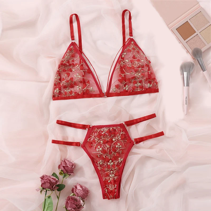 

Нижнее белье для женщин, чувственное кружевное нижнее белье, прозрачный комплект с цветочной вышивкой и бюстгальтером, необычные красивые ...