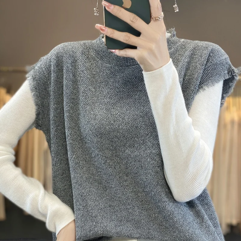 Классический шерстяной жилет с кисточками по краям женский вязаный новый