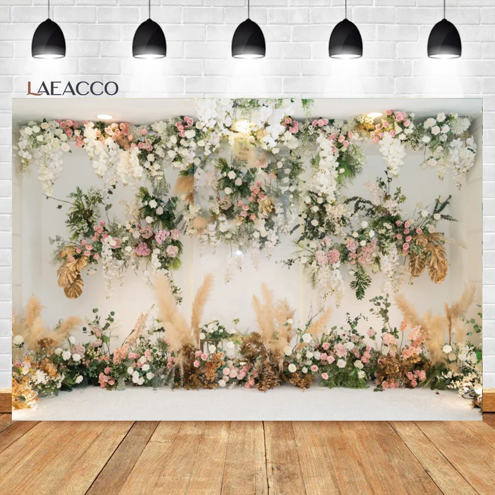 

Laeacco Wedding Ceremony Photography Backdrop White Flower Wall Floral Marriage Bridal Shower Mother's Day Portrait Background