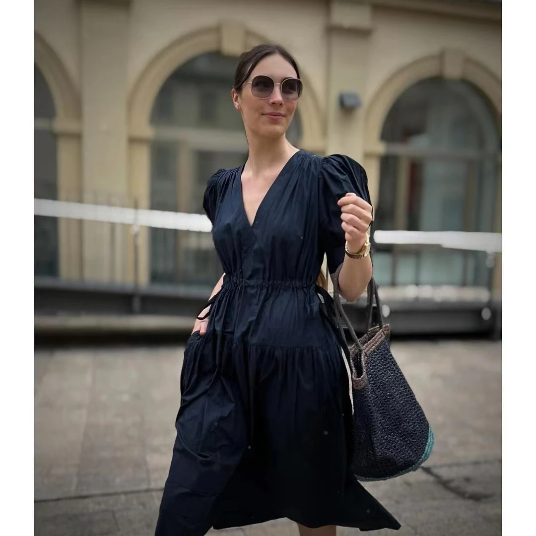 

Latest 2022 Autumn Collection Top Quality Purple Floral Print Gradient Lantern Sleeve Mid Length Vintage Dress with Belt Women