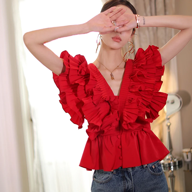 

Korea 2023 Summer New Fashion Women's High Street V-Neck Cascading Ruffles Draped Button Slim Shirt Red Elegently Casual Tops