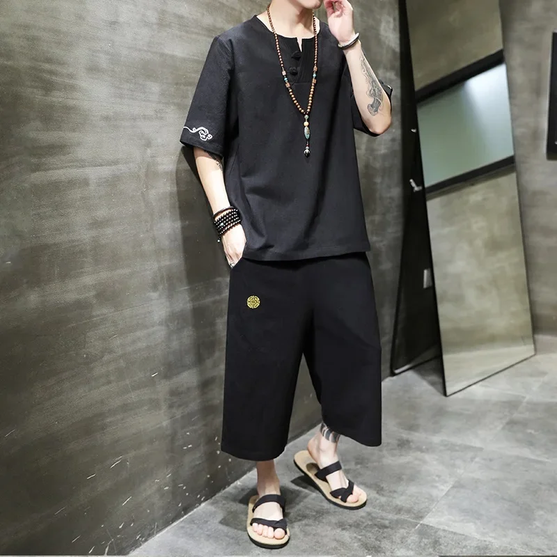 Традиционный китайский стиль летний мужской льняной костюм Тан футболка с