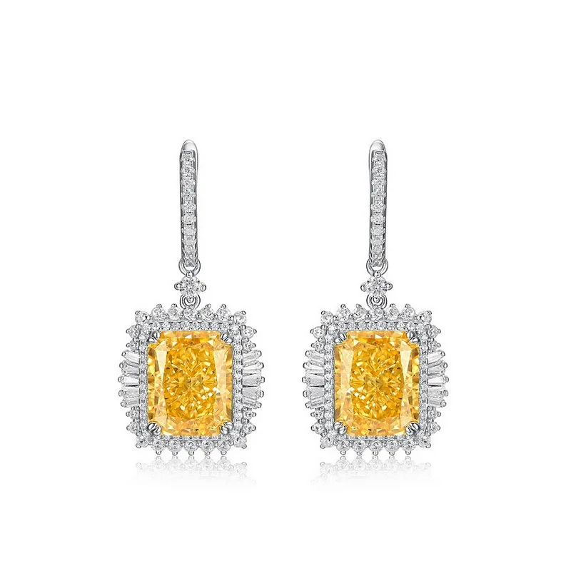 

ELSIEUNEE Luxury 925 Sterling Silver 12CT Citrine Simulated Moissanite Diamond Dangle Drop Earrings Wedding Party Fine Jewelry