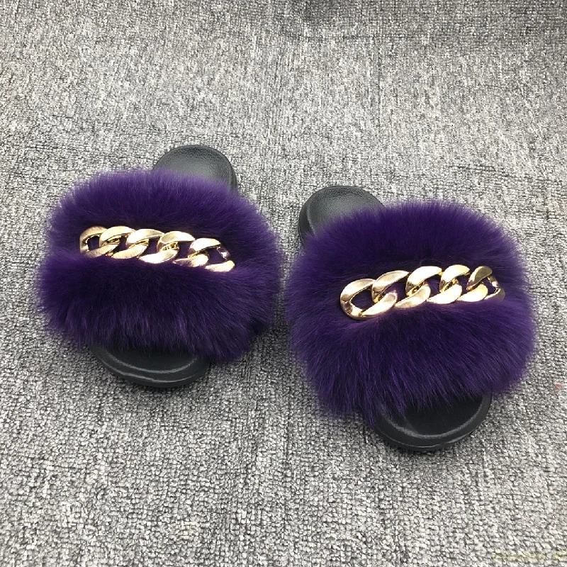 Пушистые шлепанцы тапочки из натурального лисьего меха енота дизайнерские с