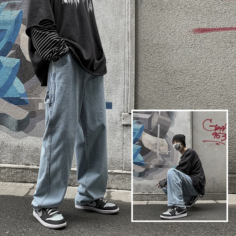 

Harajuku Chic Straight Pants Men Jeans 2021 New Summer Daily Casual Streetwear Male All Match Long Denim Trousers Pants