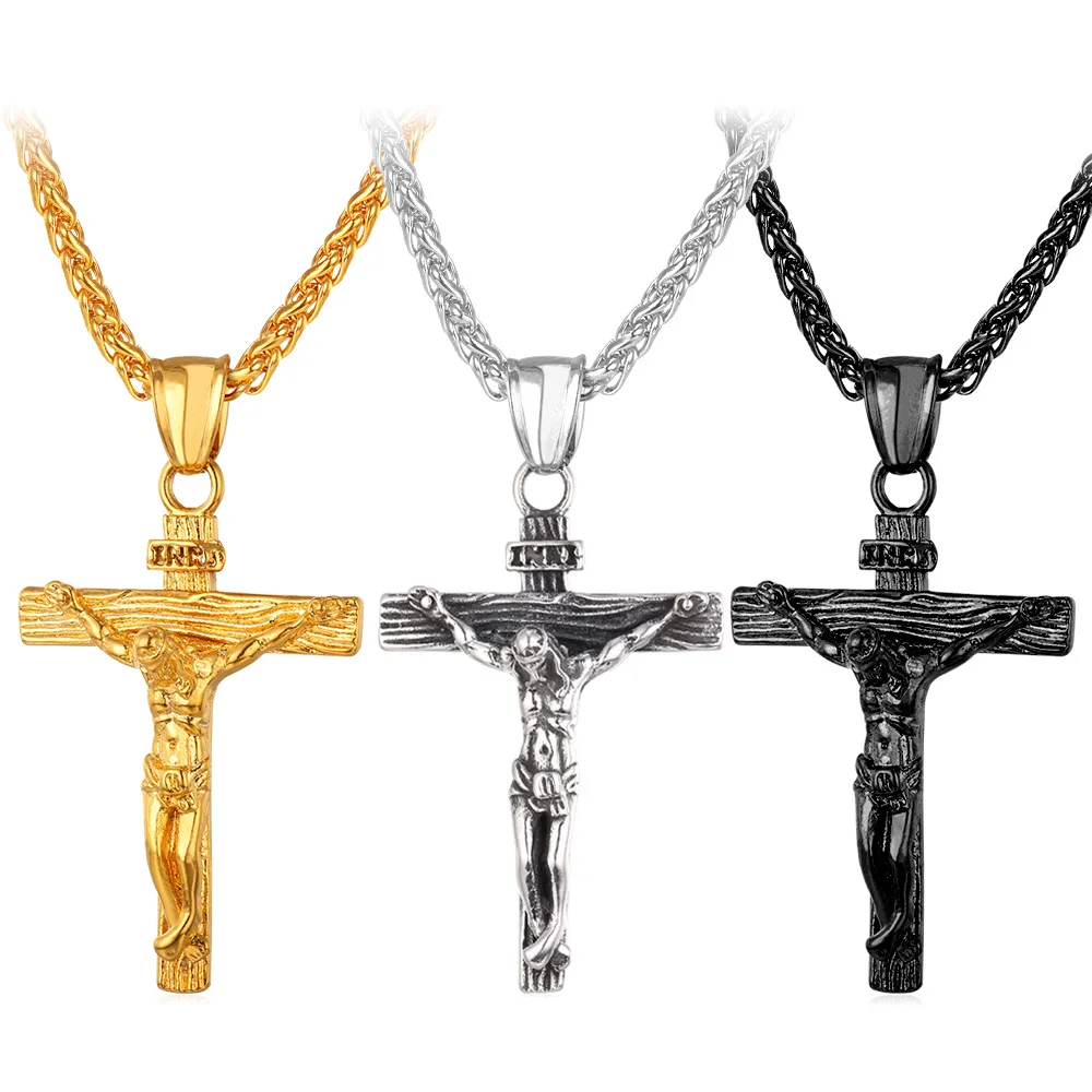 Collare INRI Crucifix Cross Necklace Gold/Rose Gold/Black Gun Color 316L Stainless Steel Chain For Men Jewelry Jesus Piece P166
