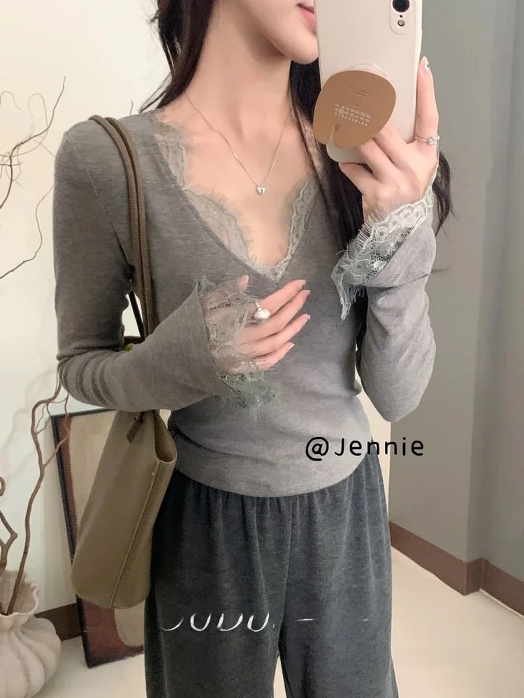 Плюс размер французская рубашка с v-образным вырезом кружевная длинными рукавами