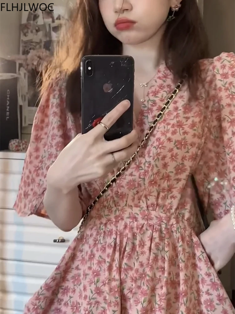 

Cute Gentle Clothes 2022 Summer French Design Chic Korea Style Feminine Japan One-Piece Retro Floral Print Flower Vintage Dress