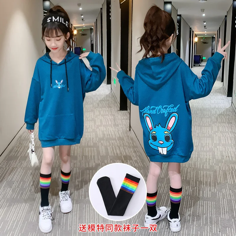 

Middle and long cartoon printed Hoodie for Girls Spring and autumn edition hooded long sleeve hoodie skirt