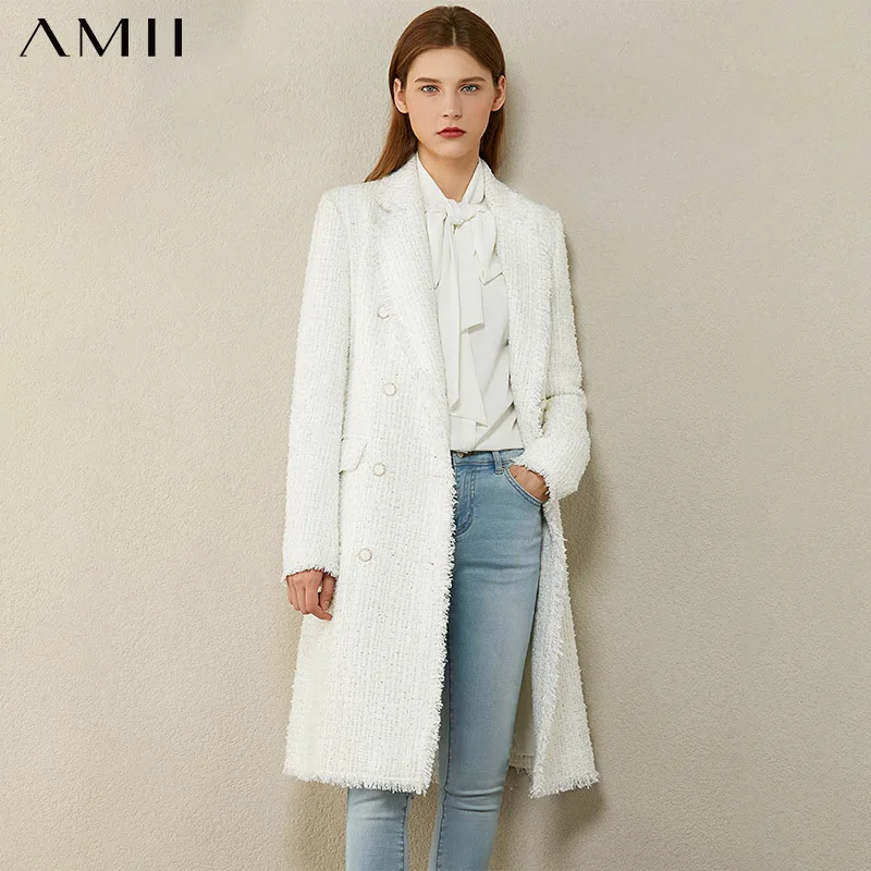 

AMII минимализм осень-зима модная женская куртка темпераментная клетчатая двубортная твидовая куртка с отложным воротником Женское пальто ...