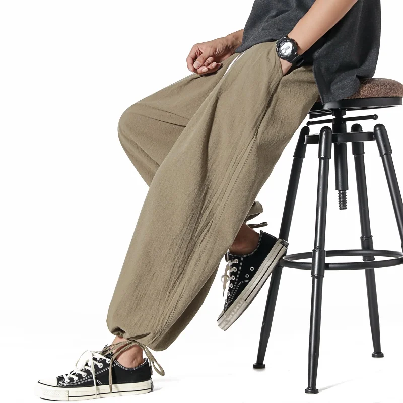 

Брюки-багги мужские в японском стиле, хлопково-льняные штаны-султанки, однотонные брюки с завязками на щиколотке, K2076