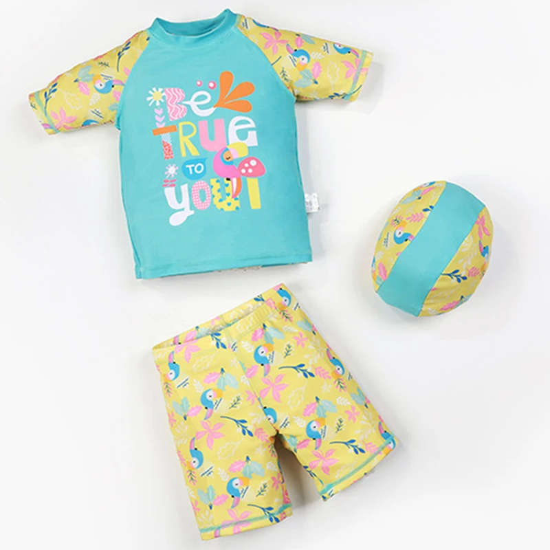 

2022 3 Piece Korean Kids Swimsuit Parrot Print Girls Cartoon Boy Baby Separate Bikini Suit Patchwork Baby Luxury Bathing Suits