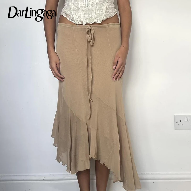 

Darlingaga Fairycore Y2K Frill Irregular Maxi Skirt Low Waist Vintage Fashion Shirring Long Women Skirt Elegant Stitched Clothes