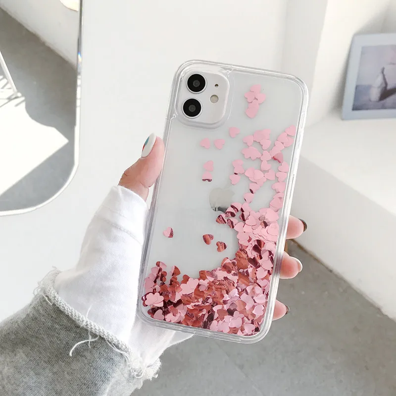 

Gimfun Glitter Sequins Love Heart Phone Case for iPhone 12 13 11 Pro XSMax XR 7 8 Plus Clear Dynamic Liquid Case Soft TPU Cover