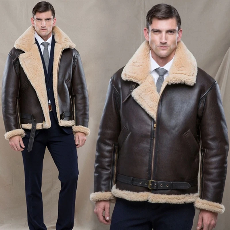 

New Winter Bomber Leather Jacket Men Sheep Shearling Lambskin Warm Jackets Parka Pilot Men's Natural Sheepskin Fur Coat New