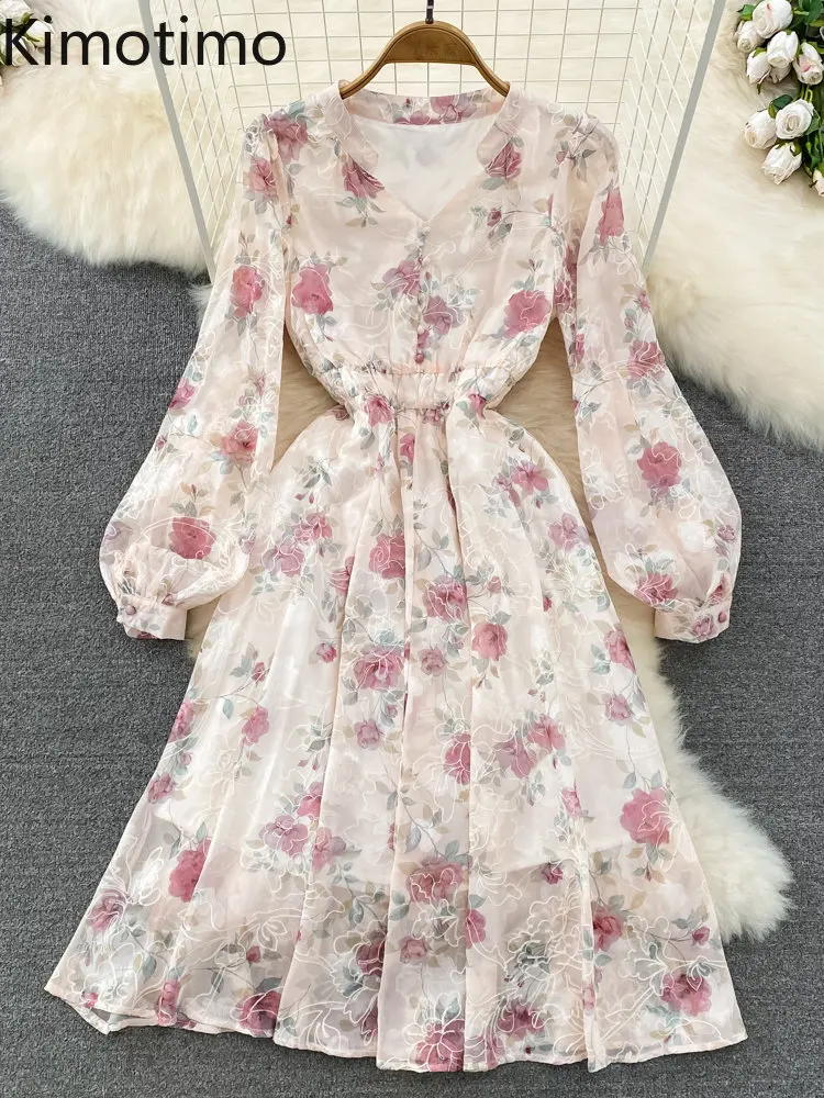 

Kimotimo French Fairy Floral Print Dress Women Fashion V Neck Waist A Line Embroidery Dresses Spring Retro Long Sleeve Vestidos