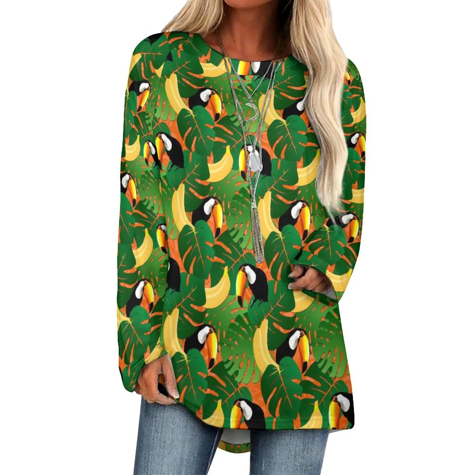 

Tropical Birds T-Shirts Fun Banana Print Casual Long Sleeve T Shirt Funny Printed Tee Shirt Ladies Clothes Large Size