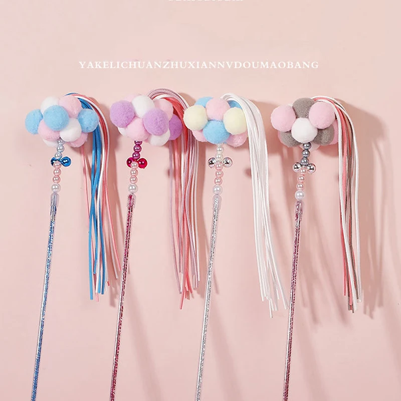 

Cat Teaser Wand Beaded Kitten Teaser Stick Cat Interactive Toy Colorful Pet Tassel Wand With Pompom And Bell Pet Supplies
