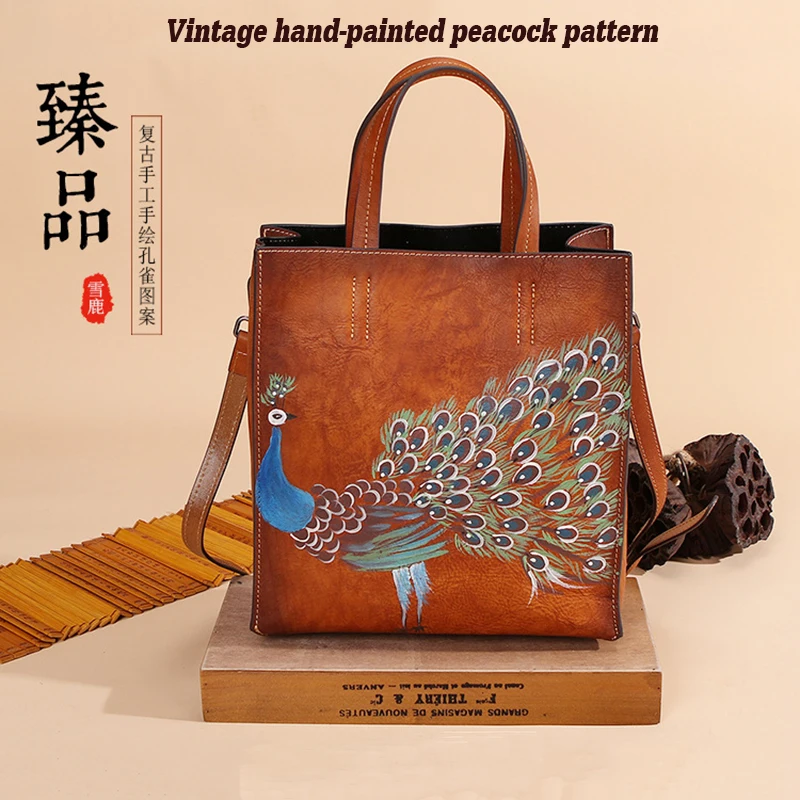 

New 2022 Vintage Genuine Leather Women's Business Shopping Handbag Diagonal Bags Hand Painted Animal Tote Bag
