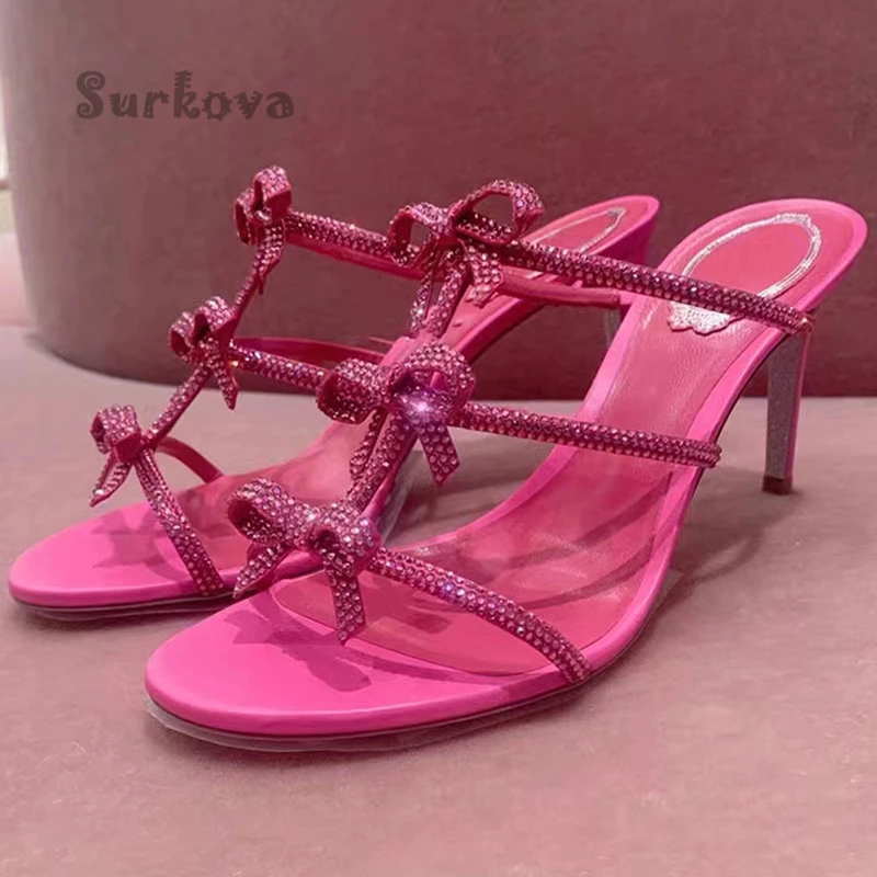

Crystal Butterfly-Knot Pumps Women's Fairy Style Stilettos T-Tied Sandals Pink Open Toe Strap High Heel Slippers Outwear Shoes