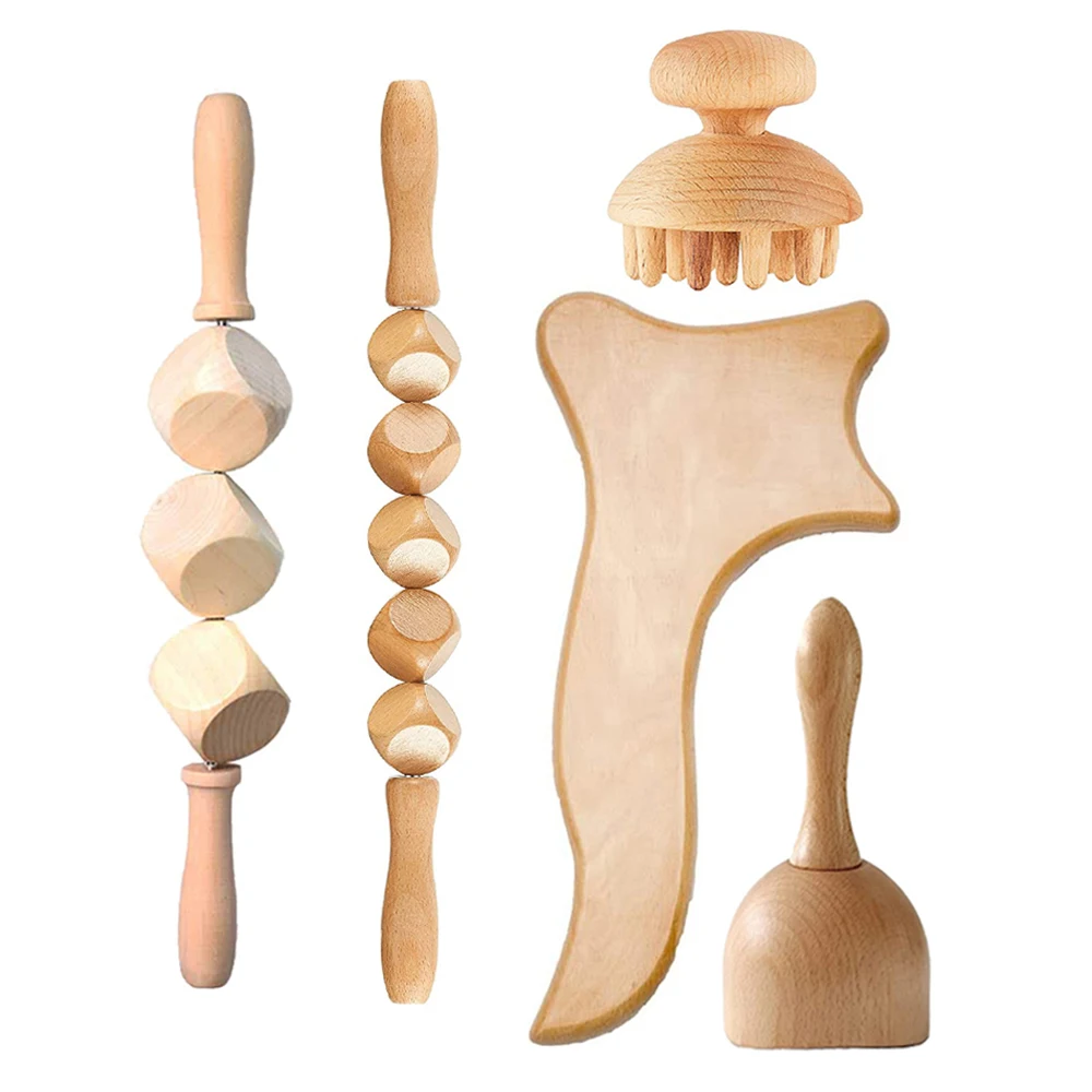 

5Pc/set Wood Therapy Gua Sha Massage Tools Reflexology Acupuncture Thai Massage Lymphatic Drainage Meridian Scrapping Roller Cup